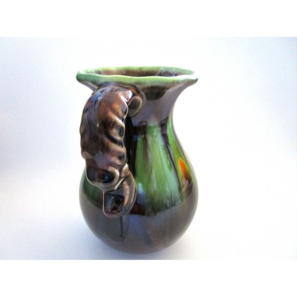 Studio Art Pottery Drip Glaze Vase Brown Green Yellow two handles signed 1110 12 - Picture 2 of 8